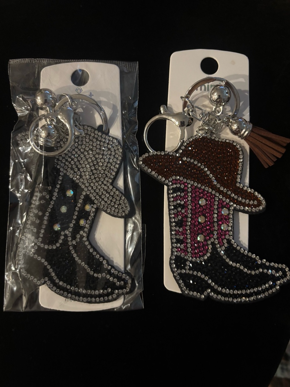 Mint Crystal Bling Cowboy Boot Keychain - Brown, Pink, Black & Silver